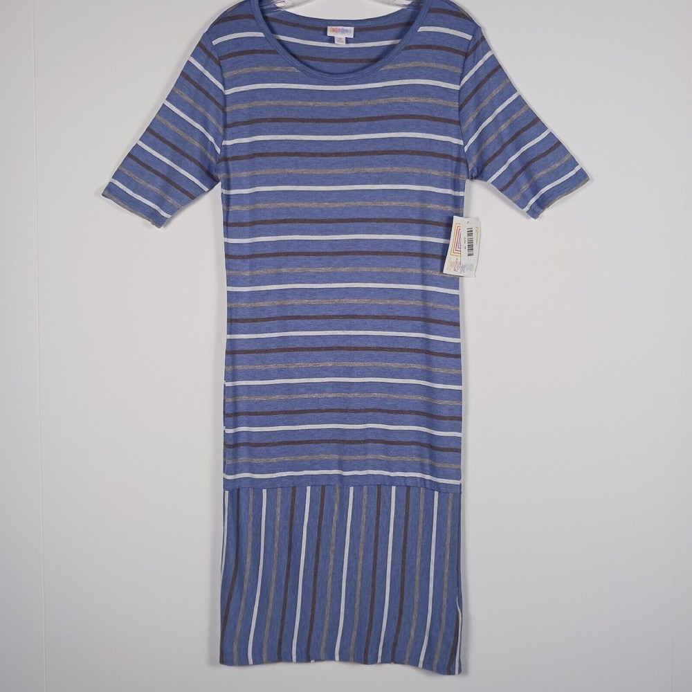 New Lularoe Julia Dress Blue, Brown, Tan, White Striped size M NWT